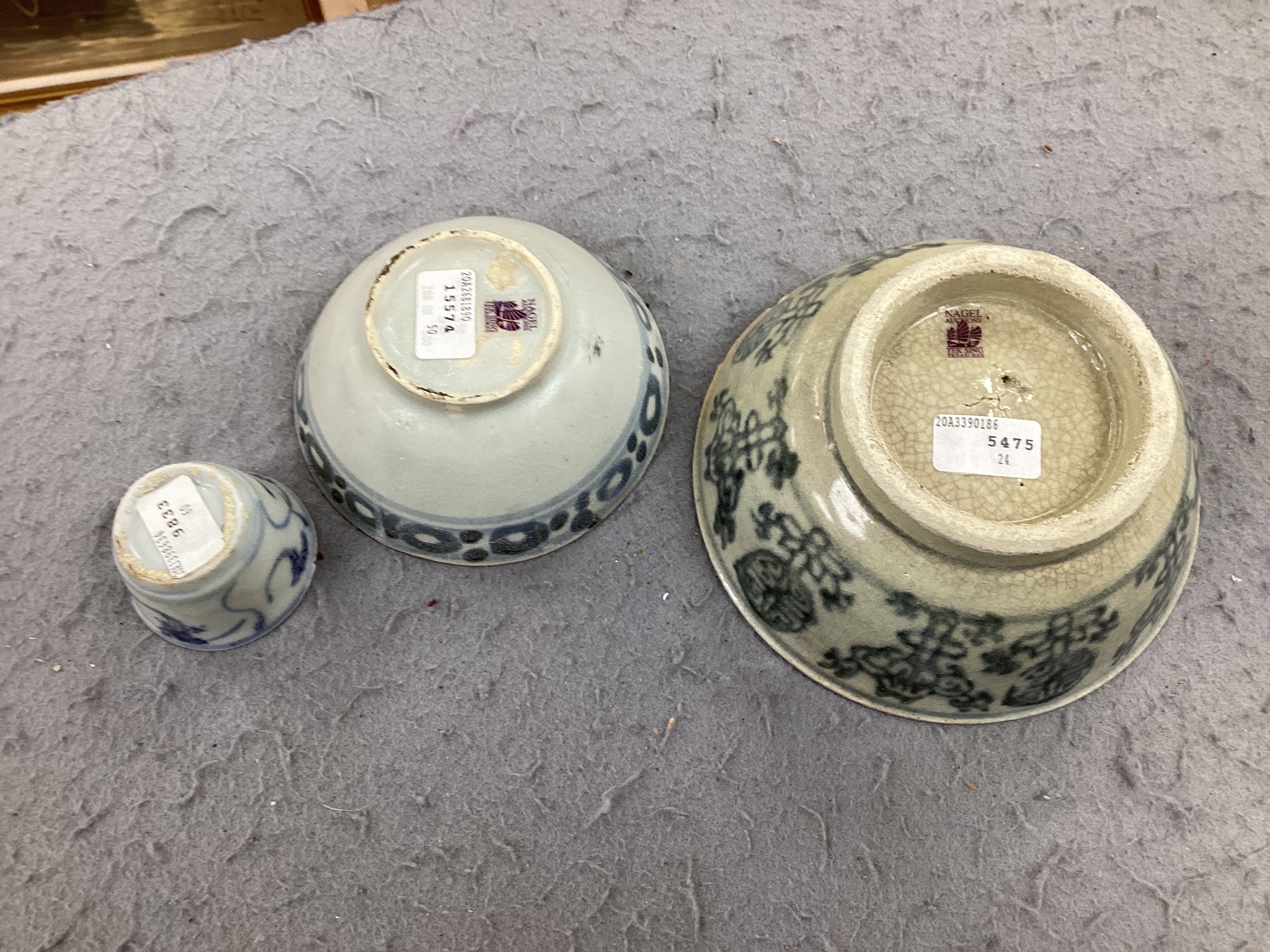 A Chinese Vung Tao cargo miniatures blue and white cup, Kangxi, porcelain bowl, a Japanese octagonal cup and saucer and a green Jun type bowl, lots of 12 cm diameter